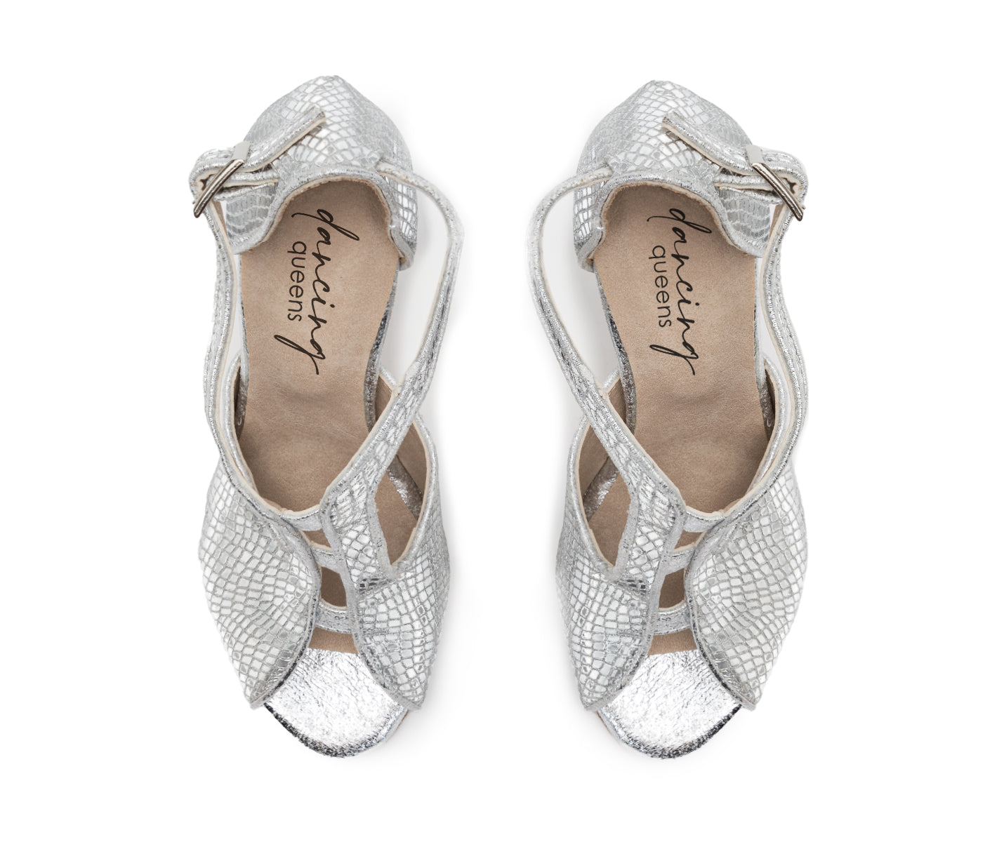 ESP11 Tanzschuhe in Silber von Dancing Queens, mit strukturiertem Muster und T-Riemen-Design, von oben betrachtet.